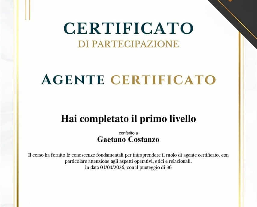 Certificato Agente Certificato, primo livello, conferito a Gaetano Costanzo