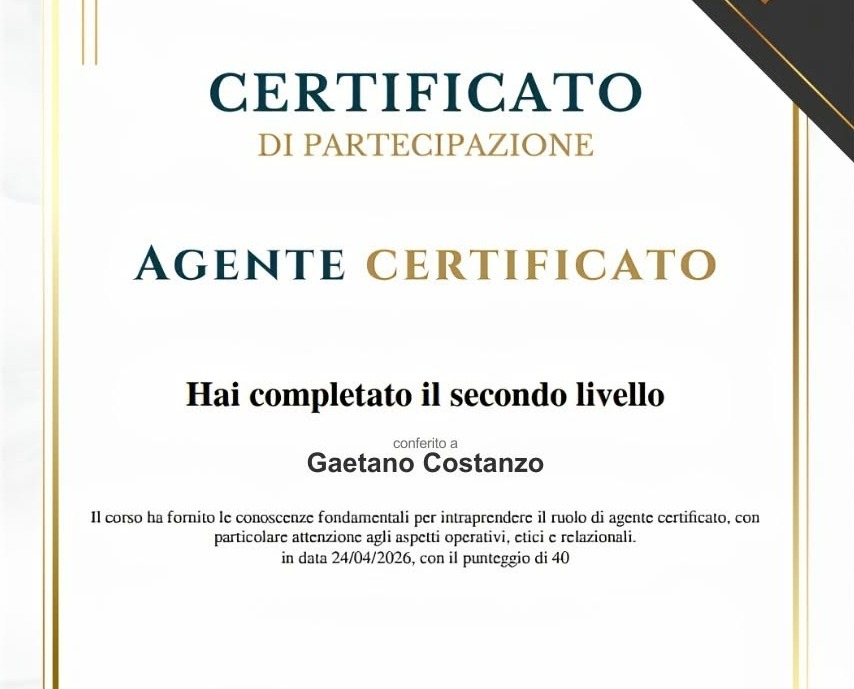 Certificato Agente Certificato, secondo livello, conferito a Gaetano Costanzo
